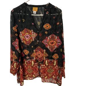 Ruby Rd Semi-Sheer Black Multi-color Geometric Print V-Neck Blouse Sz 10